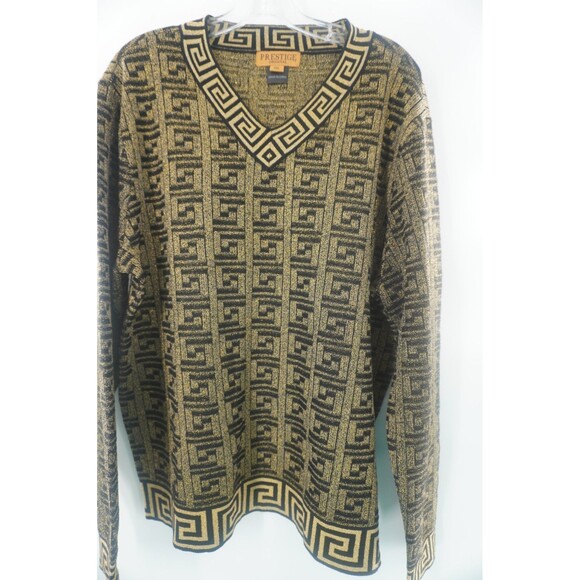 Prestige Black Gold Metallic Greek Key Geometric V-Neck Cardigan Sweater Sz 2XL - Picture 7 of 12